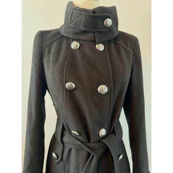 Tahari Italian Wool Long Coat, Double Breasted with Belt & Funnel Neck Military - Picture 3 of 8